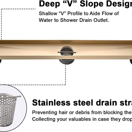 AVSIILE Linear Shower Floor Drain, Brushed Gold 24 Inch 304 Stainless Steel Bath