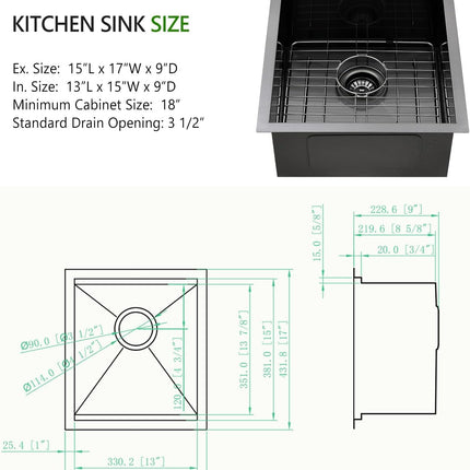 15 Inch Black Undermount Bar Sink, Swift Horse 15x17 Inch 16Gauge Black Stainles