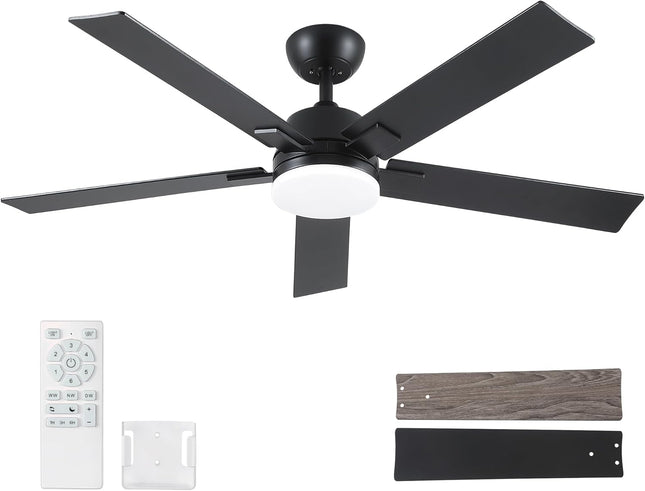 52 Inch Ceiling Fans with Lights and Remote, Black Ceiling Fan with 5 Blades, 6