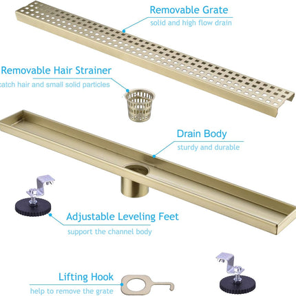 Nicmondo Linear Shower Drain 24 Inch, Bathroom Rectangular Floor Drain with Remo