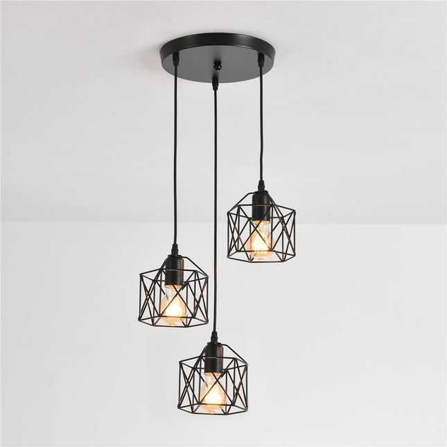 CADELON Black Pendant Light, Industrial 3 Light Pendant Lighting, Cage Metal Far