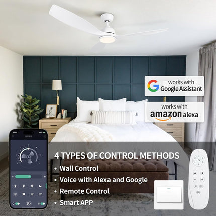 SODSEA 52 Inch Ceiling Fan with Lights, White Modern Ceiling Fan with Remote/APP