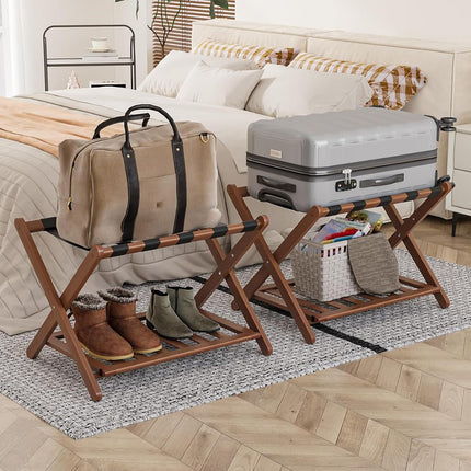 Smart FENDEE Fully Assembled Walnut Luggage Racks Set of 2, 5 Nylon Straps Foldi