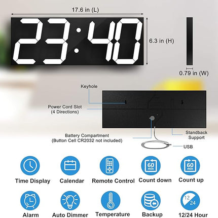 CHKOSDA 18''Digital Wall Clock,Large LED Wall Clock with 6” Numbers, Remote Cont