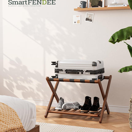 Smart FENDEE Fully Assembled Walnut Luggage Racks Set of 2, 5 Nylon Straps Foldi