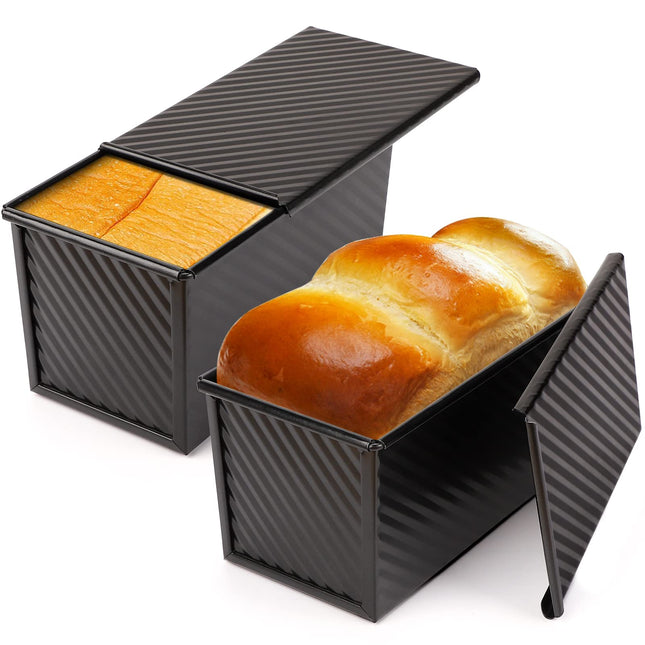 Beasea Pullman Loaf Pan With Lid, 2 Pack Non-Stick Black Carbon Steel Bread Pans