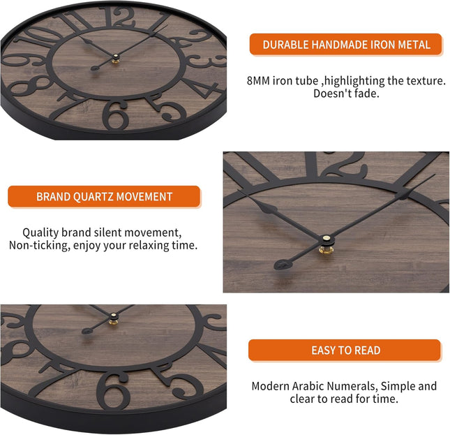 LEIKE Large Wall Clock,Silent,Non Ticking,Battery Operated Round Modern Big Wood