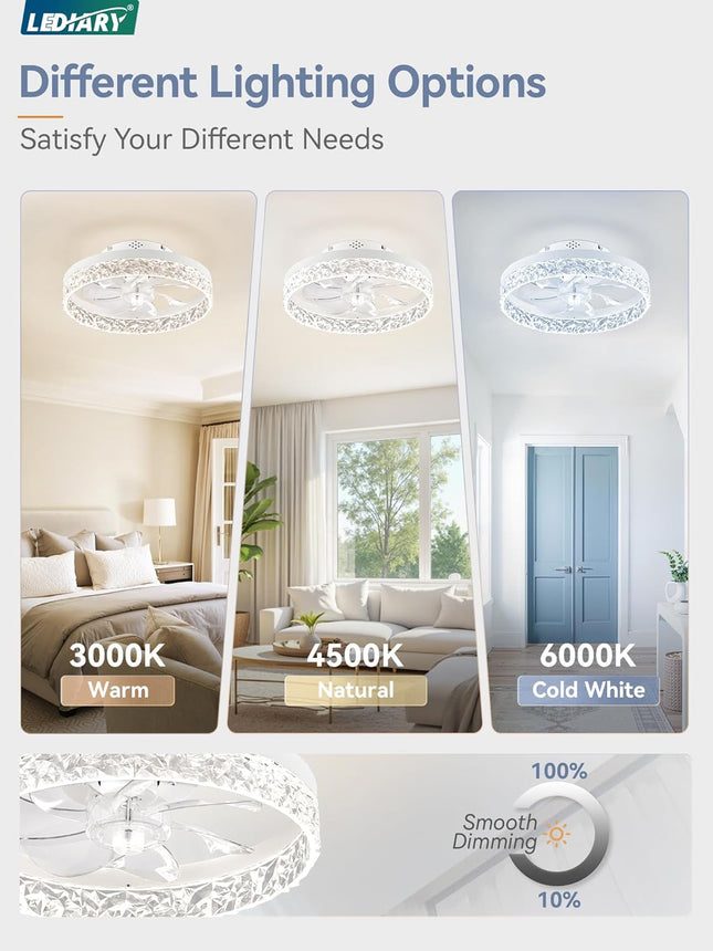 LEDIARY 20 Inch Low Profile Ceiling Fans with Lights and Remote, Fandelier Ceili