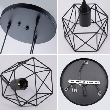 CADELON Black Pendant Light, Industrial 3 Light Pendant Lighting, Cage Metal Far