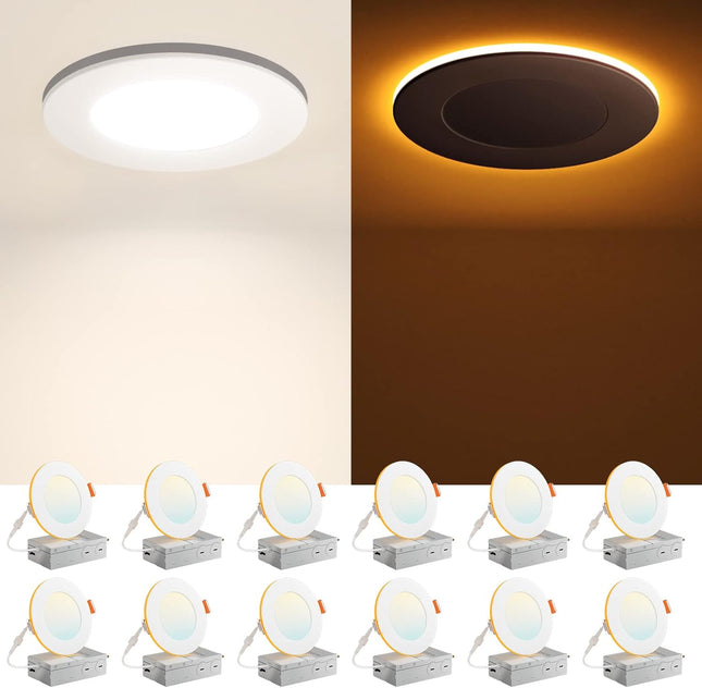 Amico 12 Pack 4 Inch 5CCT Recessed Pot Light with Night Light, 2700K/3000K/3500K