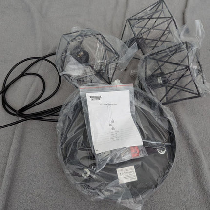 CADELON Black Pendant Light, Industrial 3 Light Pendant Lighting, Cage Metal Far