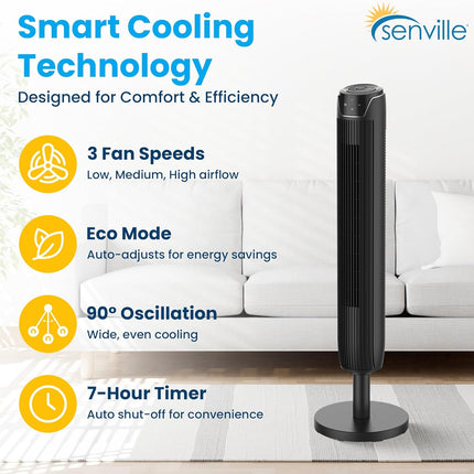Senville 42" Oscillating Tower Fan for Bedroom, Remote, Bladeless, Quiet, 3 Mode