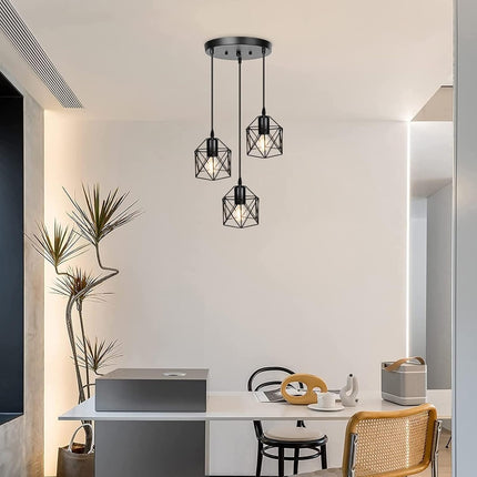 CADELON Black Pendant Light, Industrial 3 Light Pendant Lighting, Cage Metal Far
