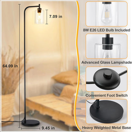 DLLT Floor Lamp Tall for Room: Black Standing Lamp with Clear Glass Lampshade fo