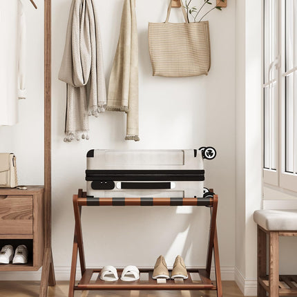 Smart FENDEE Fully Assembled Walnut Luggage Racks Set of 2, 5 Nylon Straps Foldi