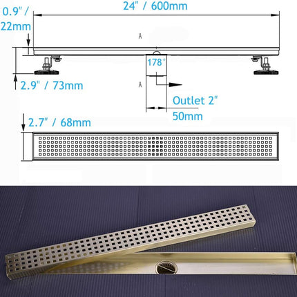 Nicmondo Linear Shower Drain 24 Inch, Bathroom Rectangular Floor Drain with Remo