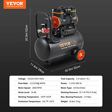 VEVOR 4.8 Gallon Air Compressor, 1.2HP 2.2 CFM@90PSI Oil Free Air Compressor Tan