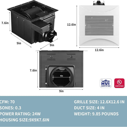 Tech Drive Super-Quiet 70 CFM, 0.3 Sone Bathroom Ventilation and Exhaust Fan (70