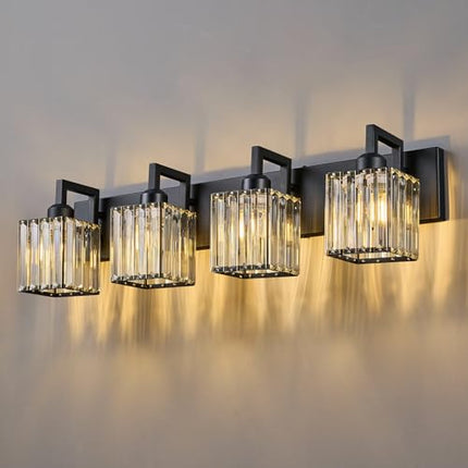 Black Bathroom Light Fixture, 4-Light Crystal Vanity Lighting, Bathroom Lighting