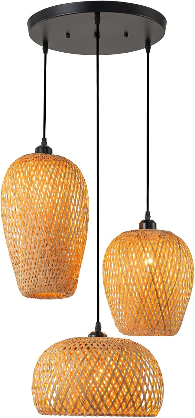 AOODU Rustic Rattan Pendant Light Fixture Farmhouse Bamboo Lighting fixtures 3-L