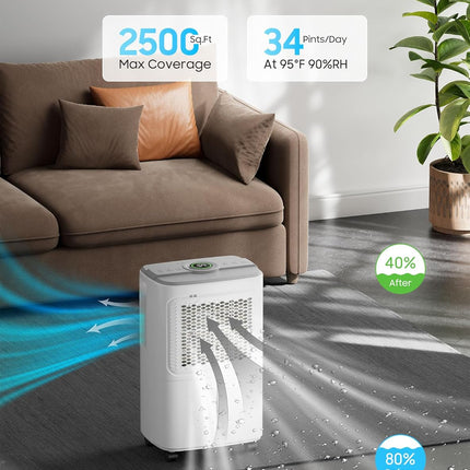 Dehumidifier for Home Basement Max 34 Pint 2500 Sq.Ft Small Quiet Portable Dehum
