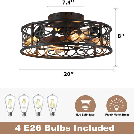 20" Caged Ceiling Fans with Lights Remote Control Low Profile Flush Mount Ceilin