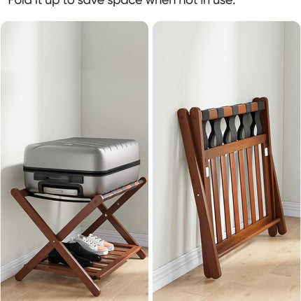 Smart FENDEE Fully Assembled Walnut Luggage Racks Set of 2, 5 Nylon Straps Foldi