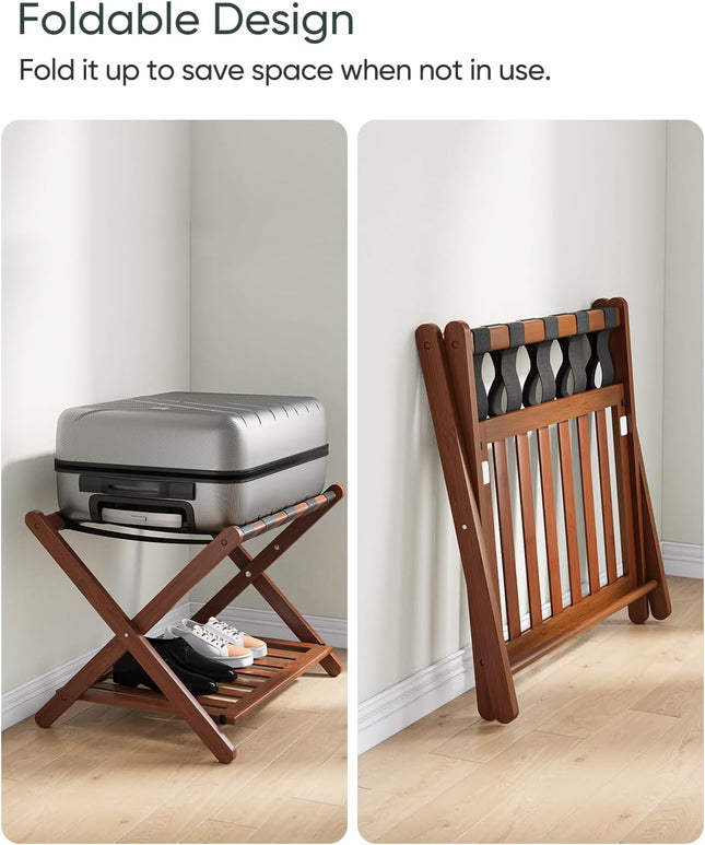 Smart FENDEE Fully Assembled Walnut Luggage Racks Set of 2, 5 Nylon Straps Foldi