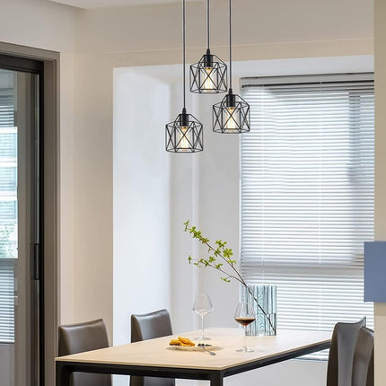 CADELON Black Pendant Light, Industrial 3 Light Pendant Lighting, Cage Metal Far