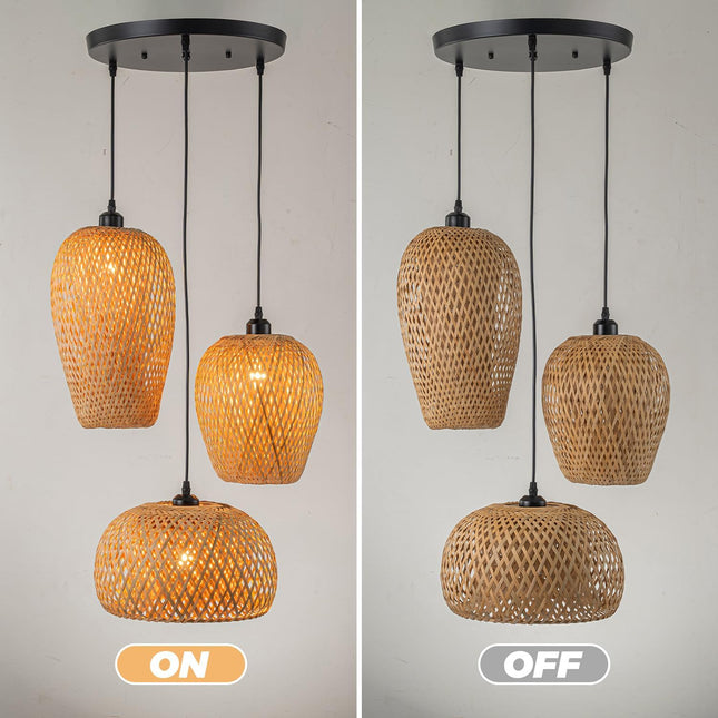 AOODU Rustic Rattan Pendant Light Fixture Farmhouse Bamboo Lighting fixtures 3-L