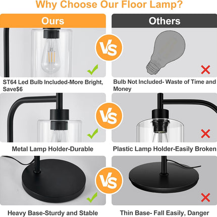 DLLT Floor Lamp Tall for Room: Black Standing Lamp with Clear Glass Lampshade fo