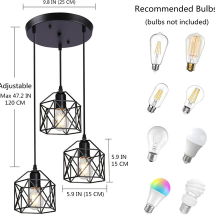 CADELON Black Pendant Light, Industrial 3 Light Pendant Lighting, Cage Metal Far