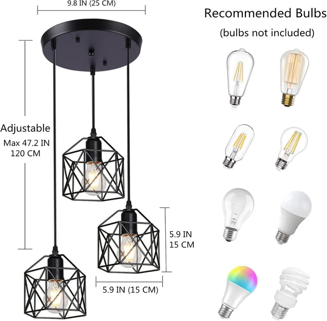CADELON Black Pendant Light, Industrial 3 Light Pendant Lighting, Cage Metal Far