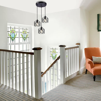 CADELON Black Pendant Light, Industrial 3 Light Pendant Lighting, Cage Metal Far