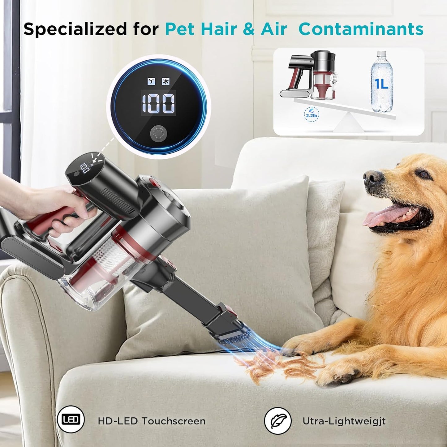 Cordless Vacuum Cleaner: 450W, 38KPa with LED Display, Up to 55 Min Runtime