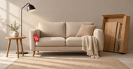 Loveseat, side table, floor lamp and a flat-pack box with a red half-price tag