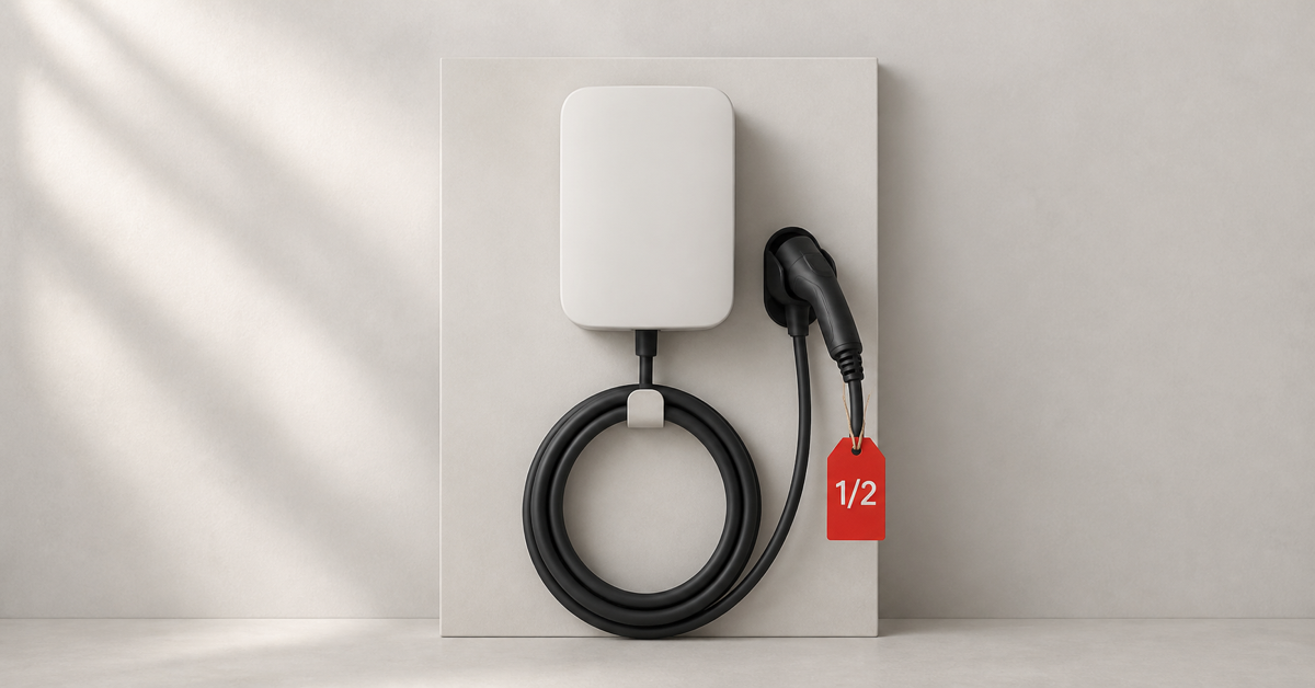 Wall-mount Level 2 EV charger with coiled cable, red half-price tag on the connector — open-box EV charger deals Canada