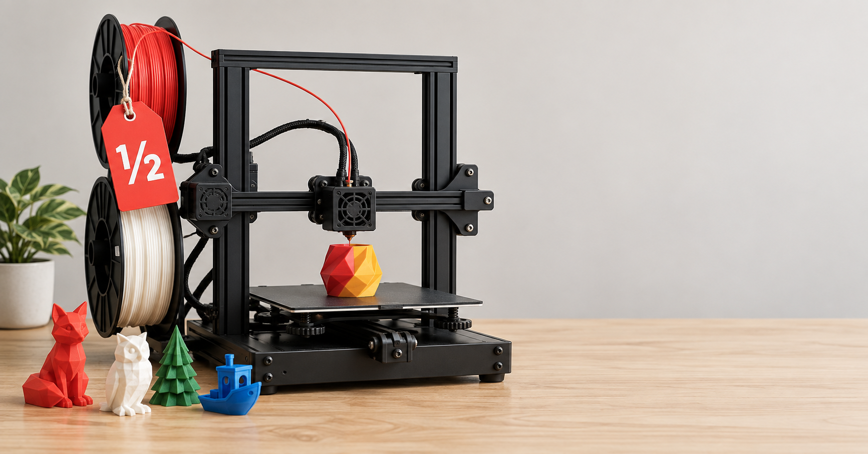 FDM 3D printer mid-print with filament spools, printed figurines and a red half-price tag