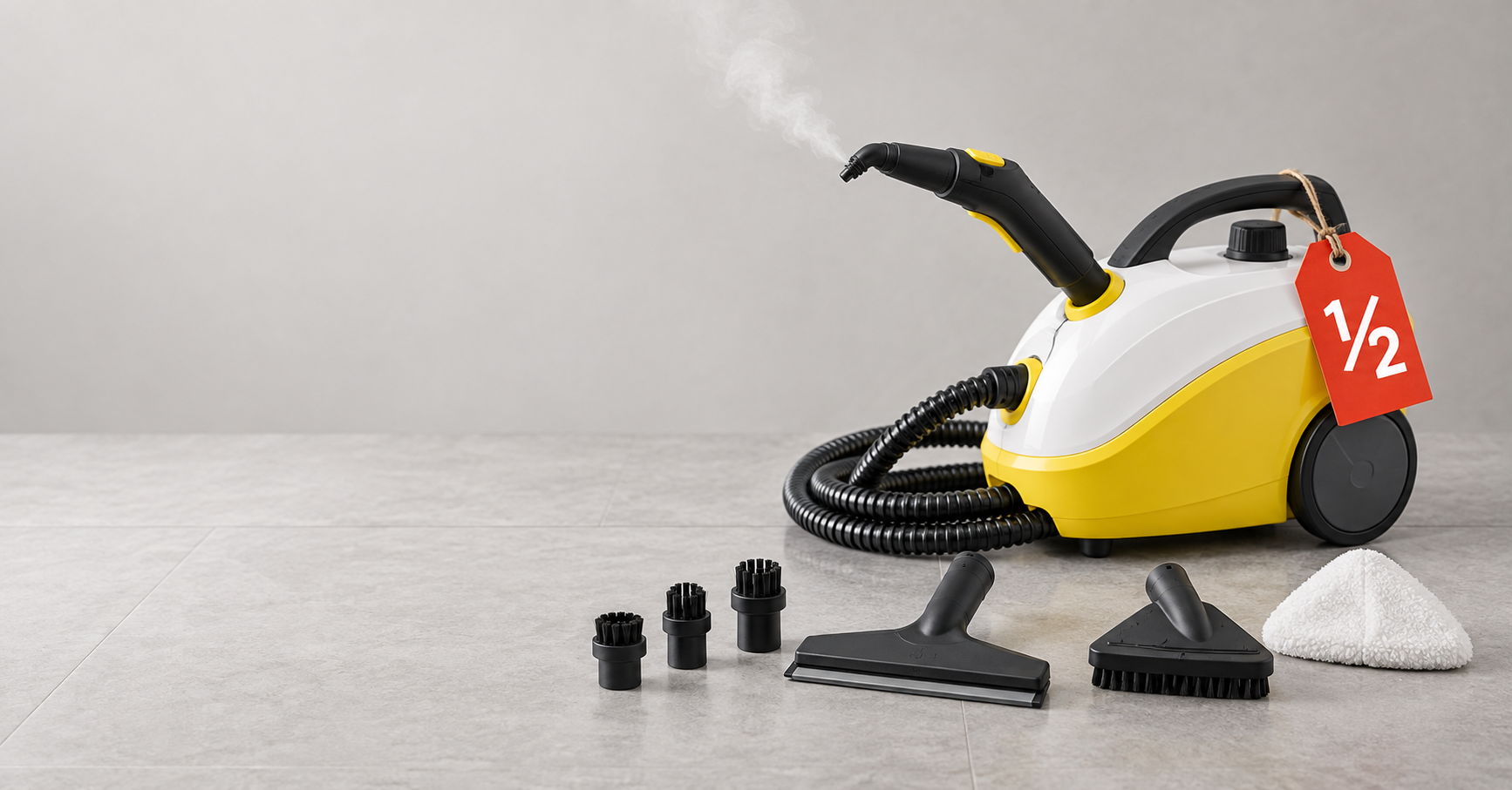 Canister steam cleaner with hose and brush attachments and a red half-price tag