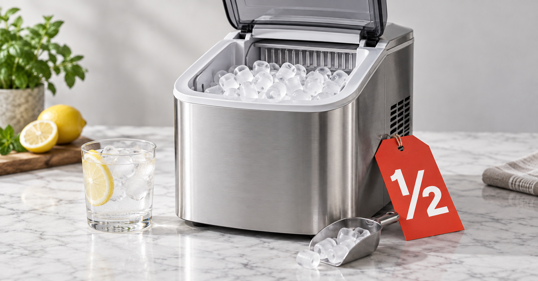 Stainless steel countertop ice maker full of bullet ice with a red half-price tag