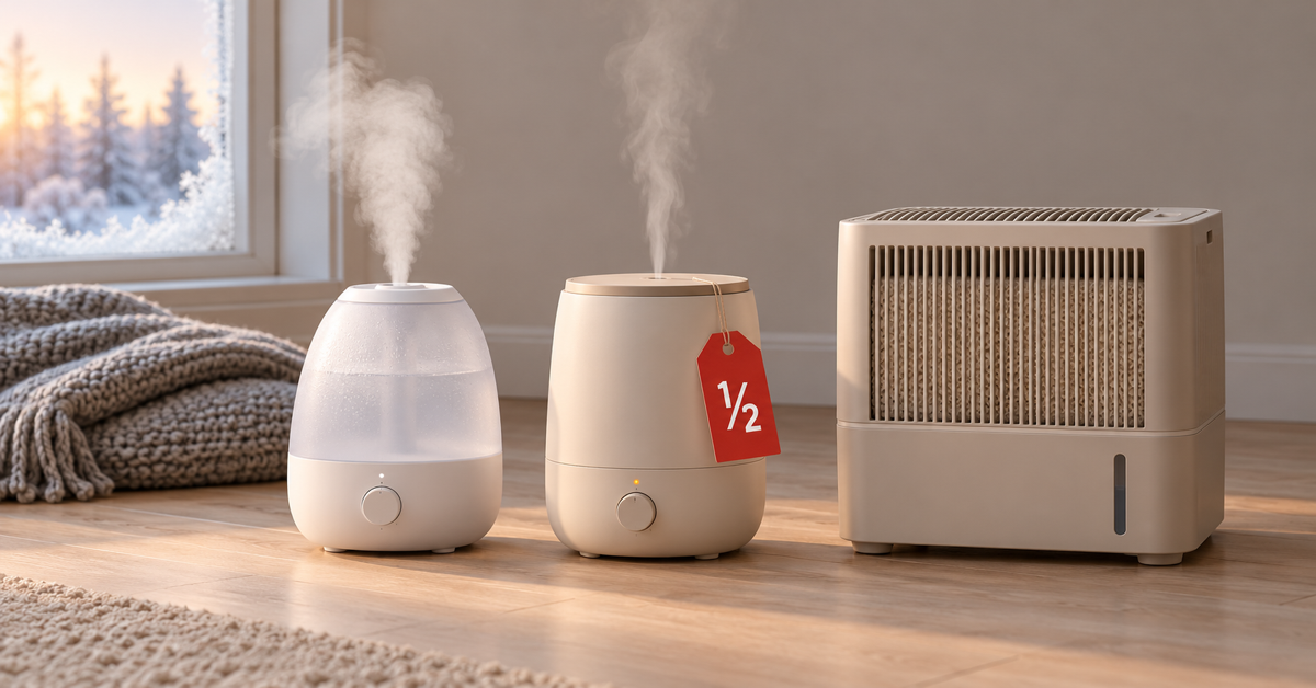 Cool-mist, warm-mist and evaporative humidifiers side by side with a red half-price tag