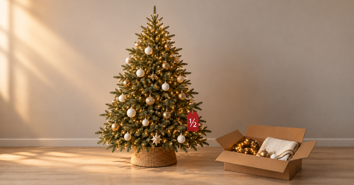 Pre-lit artificial Christmas tree beside an open box of lights with a red half-price tag