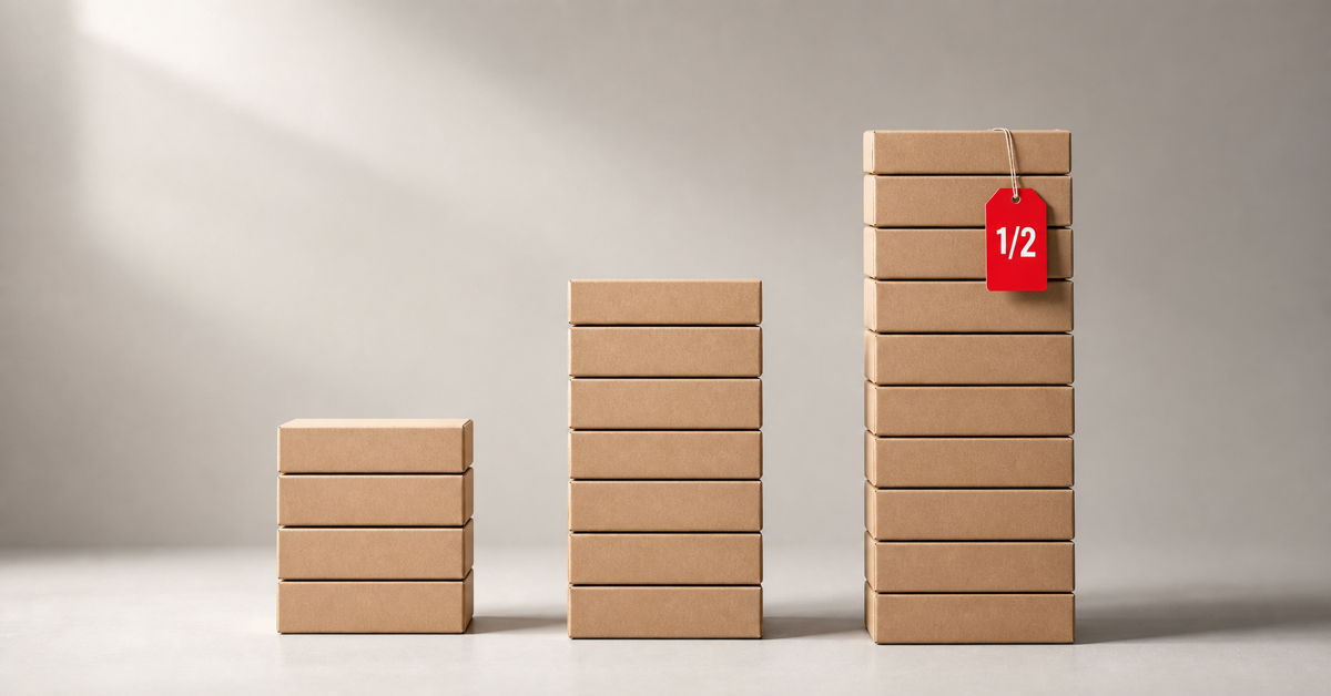 Three stacks of boxes of different heights with a red half-price tag — overstock vs clearance vs liquidation explained