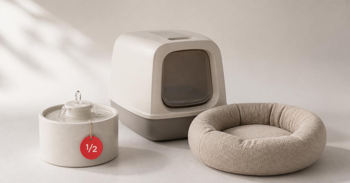Pet water fountain, litter box and pet bed with a red half-price tag — open-box pet supplies deals in Canada