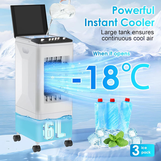 Portable Air Conditioner, 6L Water Tank with 3 Ice Packs, 3-in-1 Evaporative Coo