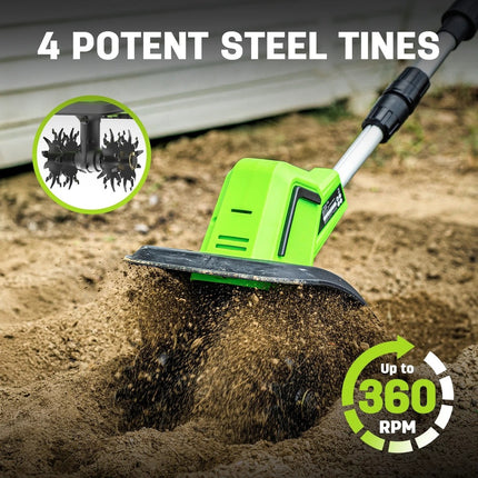 Steelite 21V 9 in Electric Cordless Tiller, 360 RPM Garden Cultivator with 2 x 2.0Ah Batteries & Charger