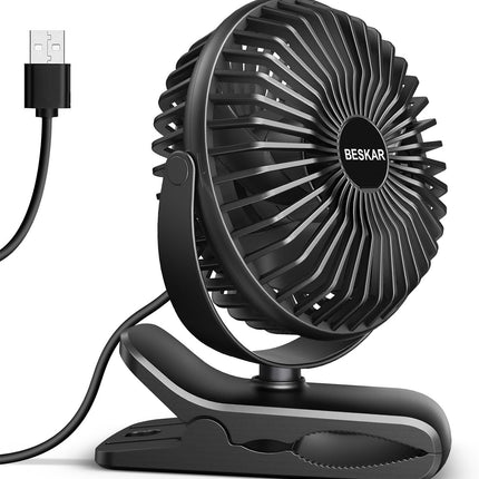 BESKAR USB Powered Clip on Fan, Portable Small Fan with Cord, 3 Speeds Strong Ai