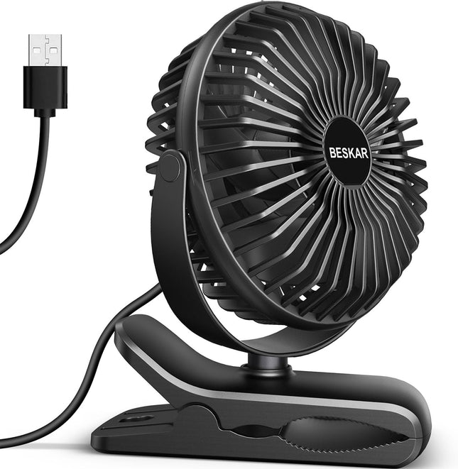 BESKAR USB Powered Clip on Fan, Portable Small Fan with Cord, 3 Speeds Strong Ai