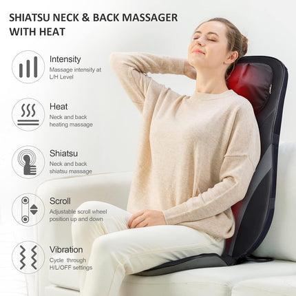 Snailax Shiatsu Back Massager With Heat - Deep Kneading Chair Pad, Adjustable In