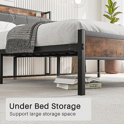 BOFENG Full Size Bed Frame with Upholstered Storage Headboard,USB Charging Stati